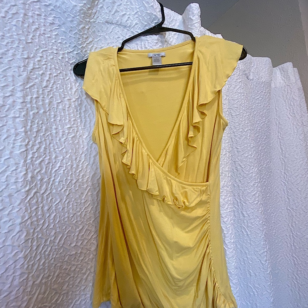 Cache Brand, Bright Yellow Sleeveless Blouse with a crisscross & ruffles.